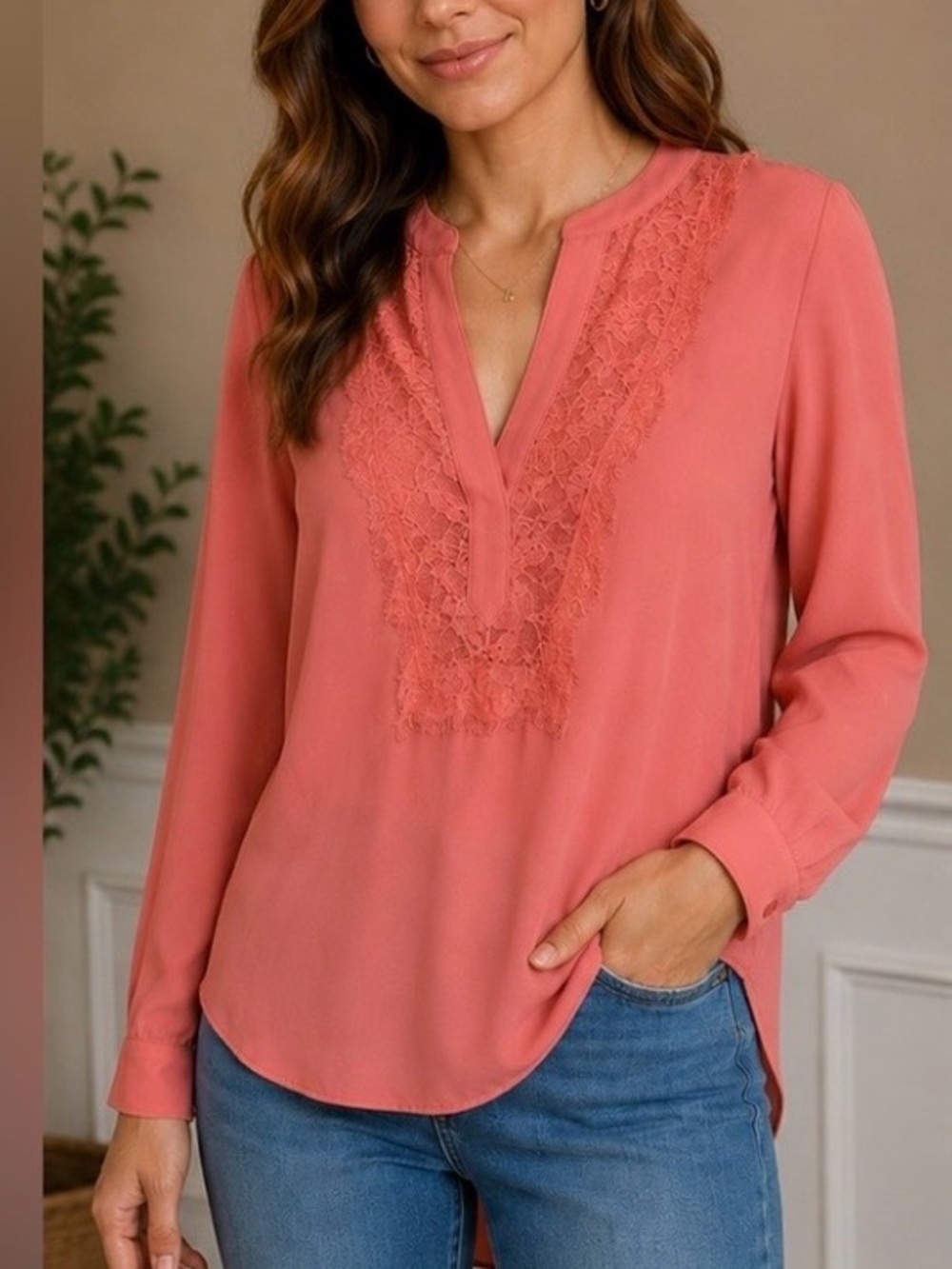 LC Lauren Conrad Pink Lace Trim Long Sleeve Split Neck Blouse Women's Medium